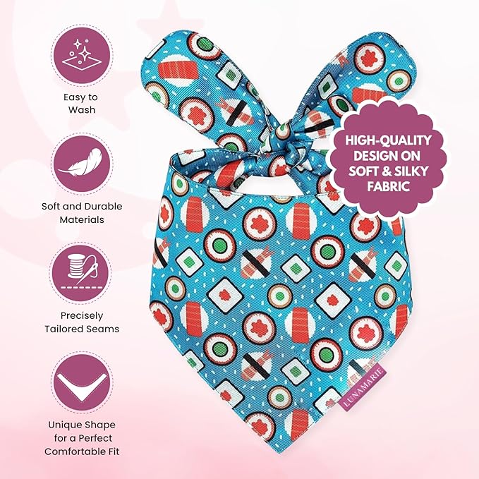 LunaMarie - Luxury Pet Birthday Bandanas -Premium & Silky Poly Fabric | 100% Handmade | Custom Shape Dual Layered (Sushi, Medium)