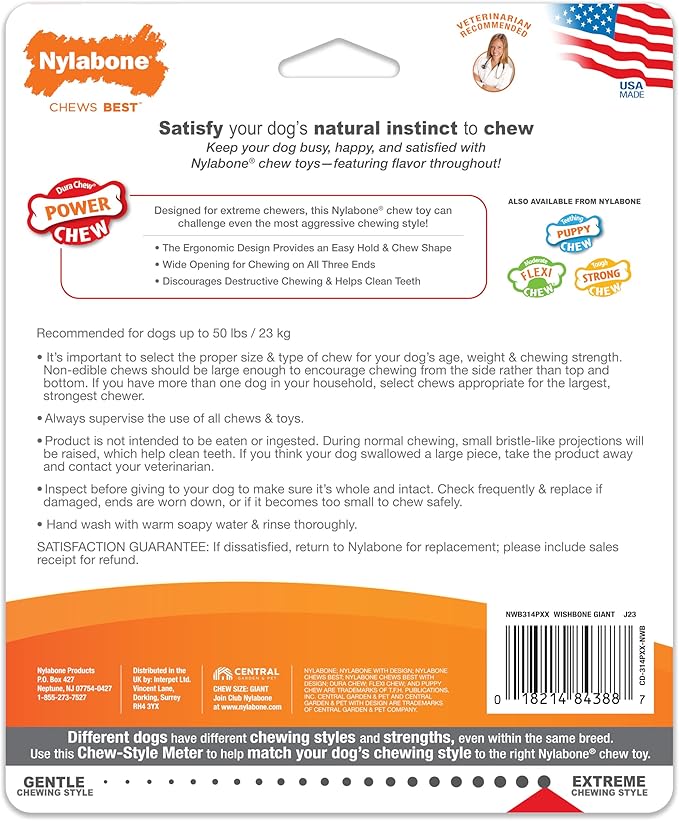 Nylabone Ergonomic Hold Wishbone Power Chew Toy for Dogs, Dog Toys for Aggressive Chewers, Bison Flavor, Large - Up to 50 lbs, 1 Count