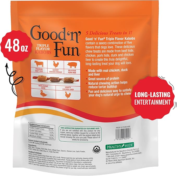 Good ’n’ Fun Triple Flavor Kabobs 48 Ounce, Rawhide Snack for All Dogs, 48 Oz (Pack of 4)