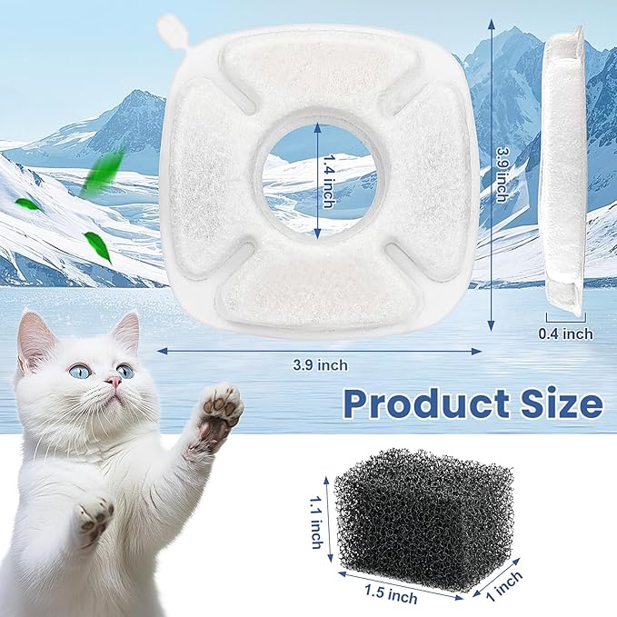 16 Pack Cat Water Fountain Replacement Filters, 8 Pcs Cats Fountain Filters & 8 Pcs Pre-Filter Sponges for 95oz/2.8L 135oz/4L 67oz/2L Automatic Pet Dog Fountain Water Dispenser Filter