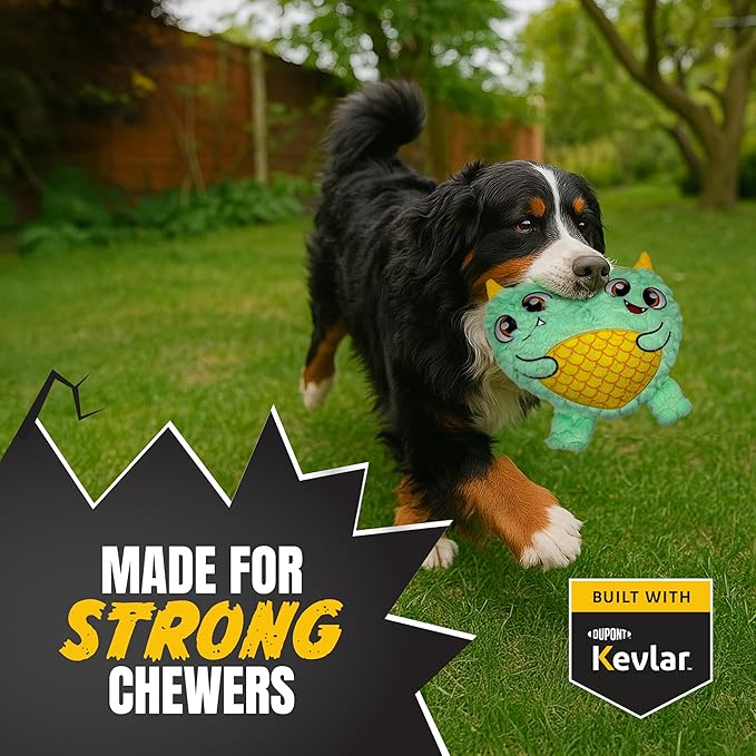 Bite Force - Durable & Strong Dog Toy Blue Two Headed Monster with Squeaker, Kevlar-Reinforced for Aggressive chewers.