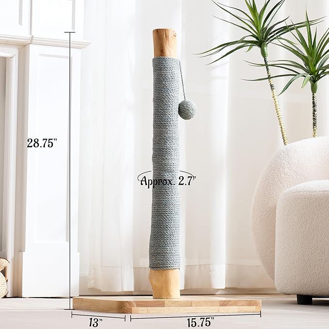 29" Tall Cat Scratching Post for Indoor Cats Adults, Extra-Stable & Natural Solid Wood Scratching Post Sisal Scratcher with Hanging Funny Ball, Gray