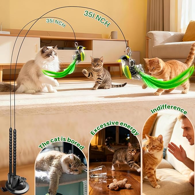 Walfront Cat Toy Interactive Teaser Wand with Green Bird Attachment,Dual-Head Suction Cup Base, Durable Replaceable Feather Lure for Independent Play or Interactive Bonding with Indoor Cats & Kittens