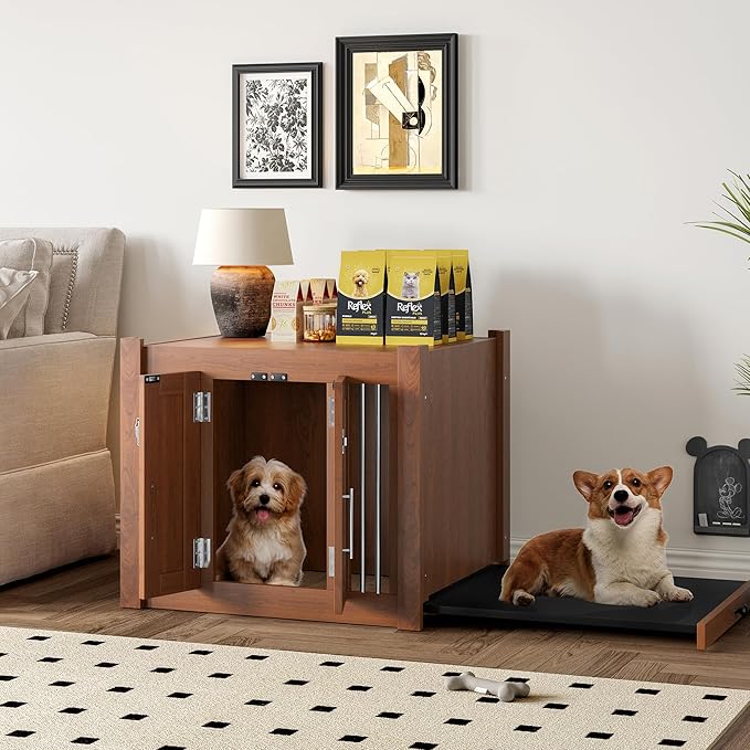 Dog Crate Furniture with Padded Seat, End of Bed Bench Ottoman with Cushion, Indoor Wooden Dog Kennel with Removable Base for Bedroom, Living Room, Walnut