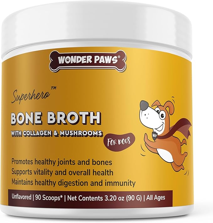 Wonder Paws Bone Broth for Dogs – Bone Broth Powder with Organic Mushrooms & Collagen for Digestion, Immunity & Joint Support – Tasty Beef Supplement for Dogs of All Ages, Sizes & Breeds – 3.20 oz
