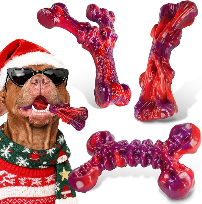 Indestructible Dog Toys for Aggressive Chewers 3-Pack: Tough Nylon Chew Toys for Medium & Large Dogs 25–80 lbs, Beef Flavor, Heavy-Duty Dog Chew Bone, Holiday Dog Gift (Red)