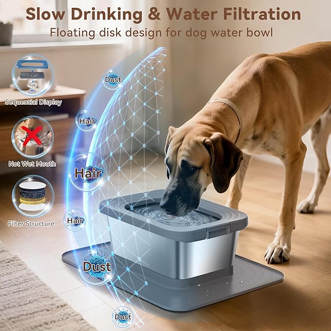 10L No Spill Dog Water Bowl, 2.6 Gal Stainless Steel No Splash Large Dog Water Bowl with Non-Slip Silicone Mat, Spill Proof Slow Drinking Pet Bowls for Messy Drinkers Indoor/Outdoor Use Gray