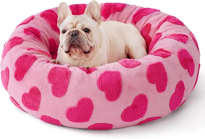 LE SURE Donut Medium Dog Bed - Round Cat Beds Indoor Calming Gift for Pets, Washable Cute Modern Beds with Jacquard Shaggy Plush & Anti Slip Bottom, 30 Inch, Heart Pink