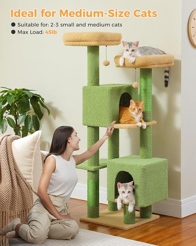 Cactus Cat Tree, 52.4" Cat Tower for Indoor Cats, Cute Cat Tree with 2 Padded Perches, 2 Condos & 2 Scratching Posts, Green