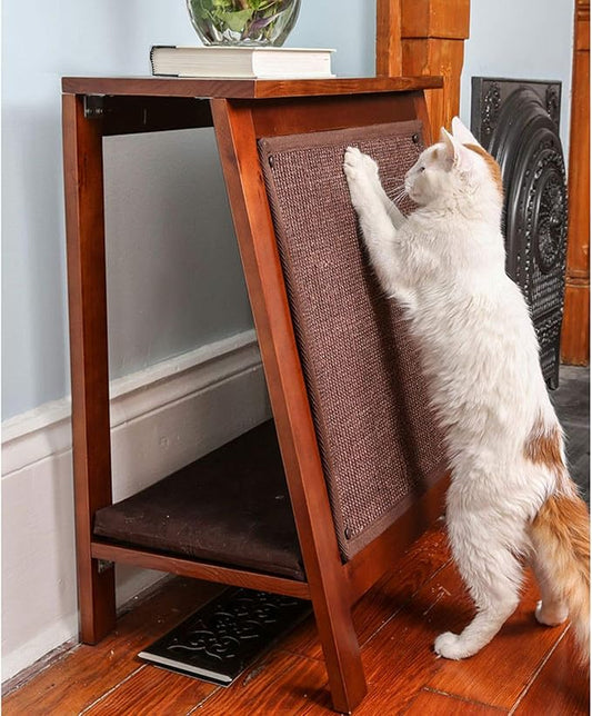 The Refined Feline Wooden Cat Furniture Bed Scratching Post, End Table with Durable Sisal Board Scratcher Pad for Kitty