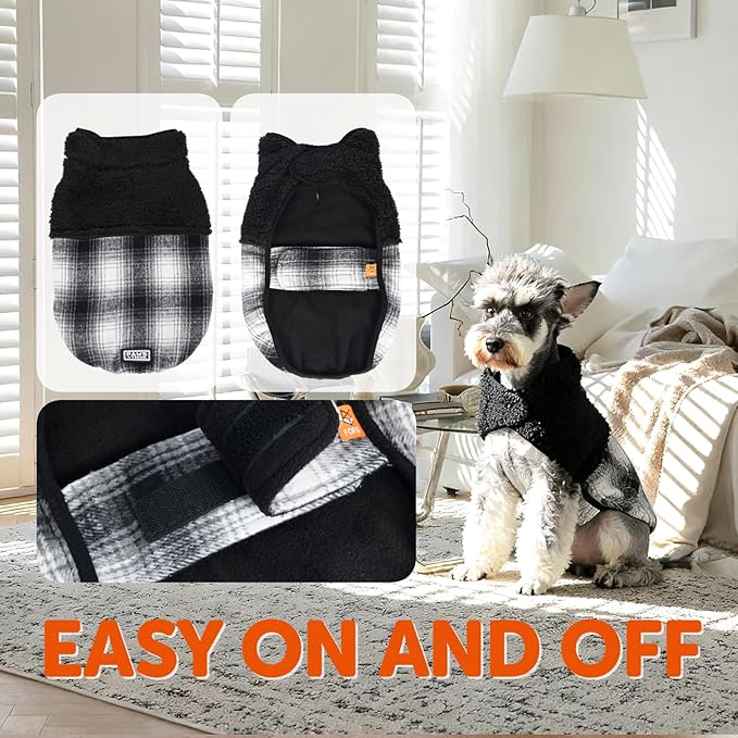FOFOS Dog Winter Coat, Plush Dog Jacket with Leash Hole, Adjustable Warm Pet Snow Vest for Small Medium Dogs, Black, XS