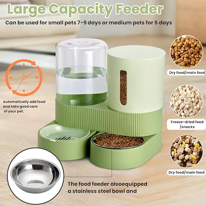 2 Pack Automatic Cat Feeder Stainless Steel Water Dispenser Gravity Food Feeder and Waterer Set with Pet Food Bowl for Small Medium Kitten Puppy Pets Large Capacity(Green)