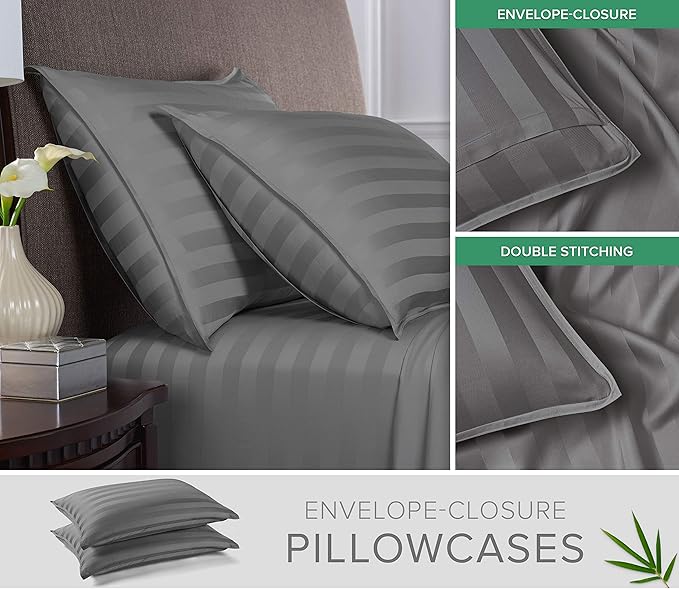 Pure Bamboo Split King Sheets, Genuine 100% Organic Viscose Derived from Bamboo Bed Sheet Set, Soft & Cooling, Double Stitching, 2 Fitted Sheets (Split King, Jacquard Stone)