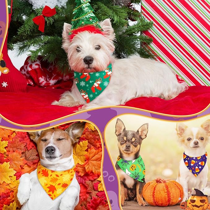 Preboun 200 Pcs Thanksgiving Christmas Dog Bandanas Bulk Holiday Bandanas for Dog Triangle Kerchief Bib Scarf Set for Pet Cat Party Costume Photo Props Accessories Pet Shops Owners Groomers, 25 Styles