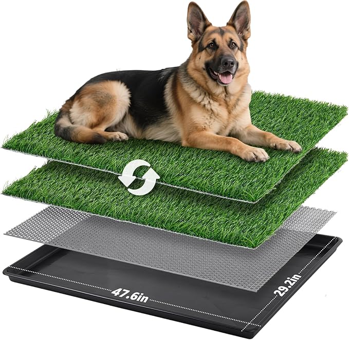 LOOBANI 45x29in Large Dog Litter Box: Dog Grass Pad with Tray with 2×Artificial Grass Pads + 1×Drainage Grate - Quickly Absorbent Portable Patio Potty for Balcony Apartment Indoor Outdoor Use