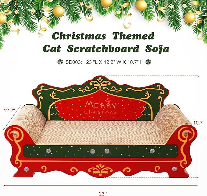 Scratching Sofa,Christmas Theme Couch Shaped Thick Scratching Cardboard, Lounge Bed for Indoor Rest&Play, Sofa Scratcher Pad (Red, 23" L X 12.2" W X 10.7" H)