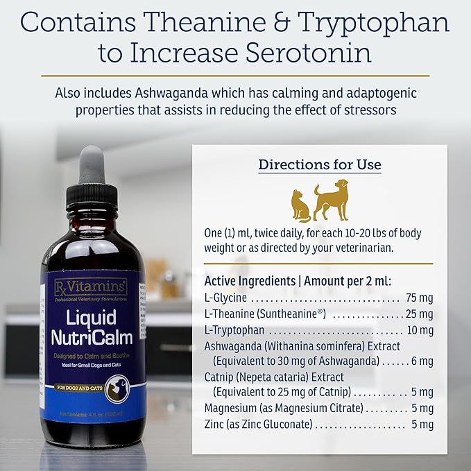Rx Vitamins Liquid NutriCalm Cat & Small Dog Anxiety Relief - Sleep Aid - Calming Supplement - Dog Bark Control & Stress Relief - Salmon Flavor - 4 oz