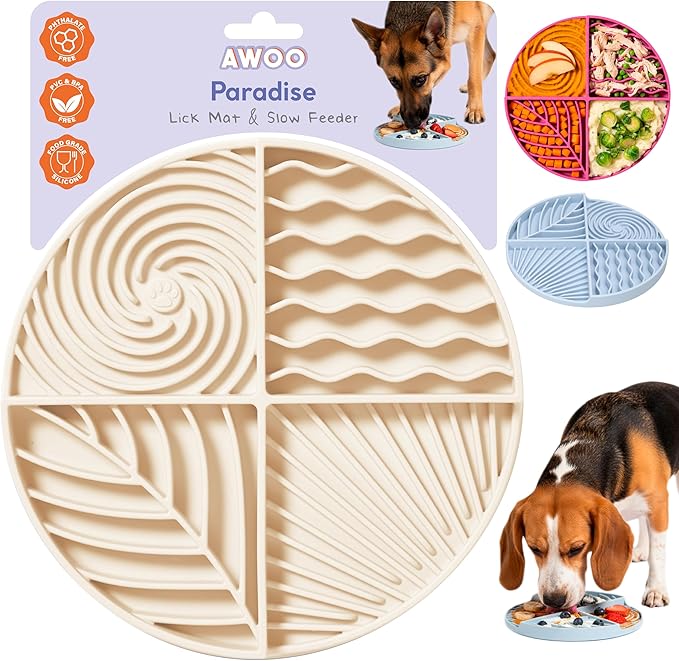 Awoo Paradise Silicone Dog & Cat Lick Mat & Slow Feeder with Suction Cups, Non-Slip, Dishwasher Safe, Extend Mealtime, Reduce Anxiety (Almond)