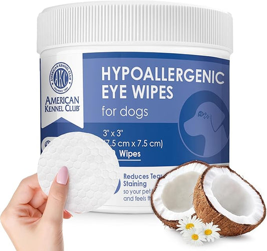 AKC Pet Eye Wipes for Dogs & Cats – Tear Stain Remover & Eye Discharge Cleaner – Hypoallergenic Grooming Wipes, 100 Count (Coconut Scent) AKC 3 * 3" PET Eye Wipes Coconut Scent 100 Count