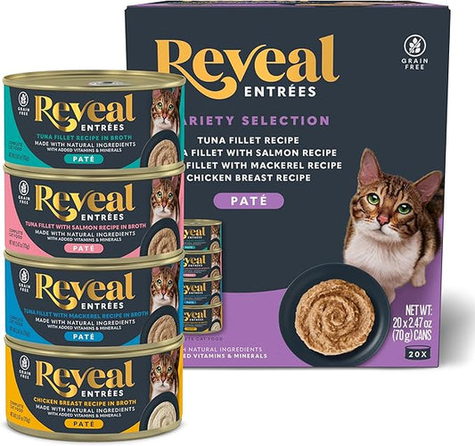 Reveal Entrées Natural Wet Cat Food Paté, Grain-Free with Added Vitamins & Minerals, Carrageenan-Free and High Protein, Variety Selection in Pate (20 x 2.47 oz cans)