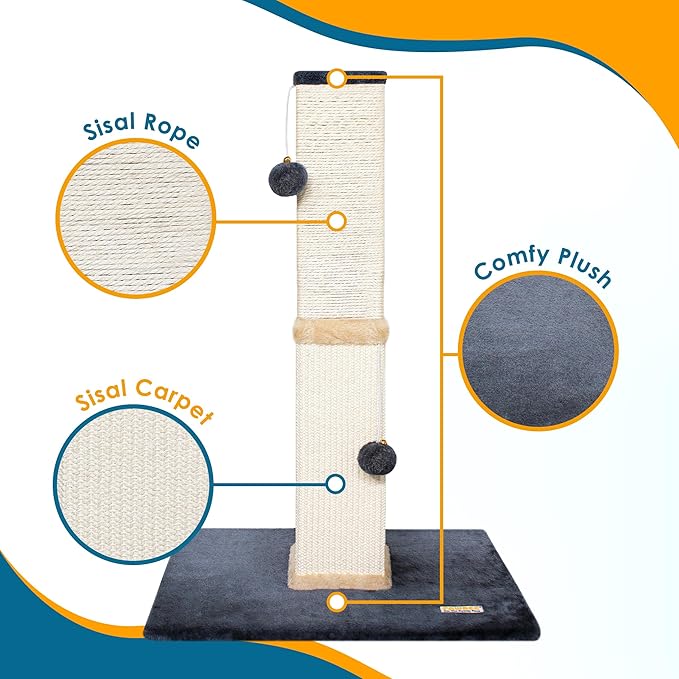 Pawbee 32" Cat Scratching Post Tower with Jingle Bells and Plush Balls, Sisal Tower with Larger Base for Better Stability, Beige