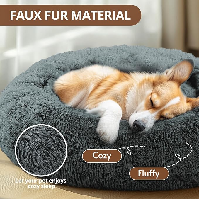 JOLLYVOGUE Calming Dog Bed for Small Dogs - 23 inches Donut Washable Small Dog Bed for Kittens & Puppies, Anti-Slip Round Fluffy Plush Faux Fur Cat Beds (Fits up to 25 lbs Pets, Navy Grey)