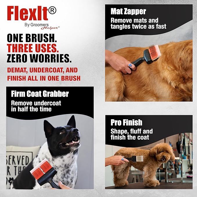 FlexIt Flexible Slicker Brush for Dogs - Professional 3-in-1 System & Video Trainings - Dual-Sided Dematting, Undercoating & Finishing Dog Grooming Brush by Groomers Helper (Double, Soft Flex)
