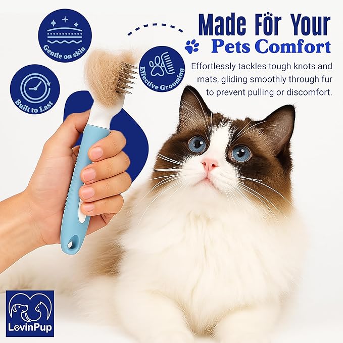 Pet Mat Remover – Professional Dematting Comb for Dogs and Cats – Stainless Steel Rounded Teeth for Gentle Knot & Tangle Removal – Dog Dematting Tools & Dog Grooming Supplies