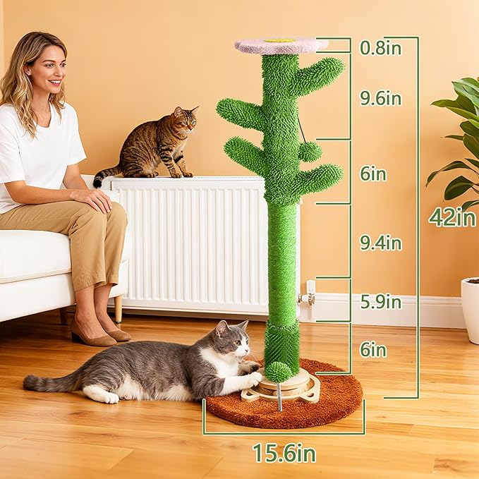2025 New DIY 9+ Installation Styles Cactus Cat Scratching Post with Self-Grooming Brush and Ball Toy | Modular Sisal Cat Scratching Post for Indoor Cats and Kittens, Customizable Cat Furniture