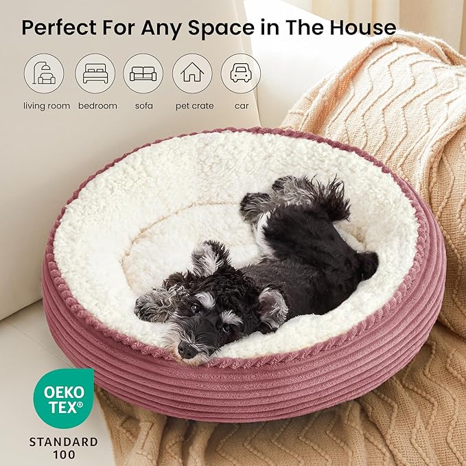 Love's cabin Round Donut Cat and Dog Cushion Bed, 25in Pet Bed for Small or Medium Dogs, Anti-Slip & Water-Resistant Bottom, Soft Durable Fabric Pet Beds, Washable Calming Cat Bed Dusty Rose Stripe