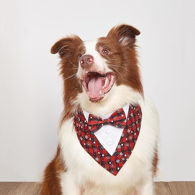 ADOGGYGO Christmas Dog Tuxedo Bandana, Red Plaid Pet Chritstmas Tux with Bowtie Adjustable Christmas Formal Costume for X-Small Dogs Pets (XS)