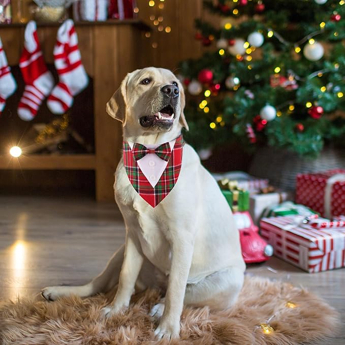ADOGGYGO Christmas Dog Tuxedo Bandana, Red Green Plaid Pet Xmas Collar with Bow, Adjustable Christmas Costume for Extra Large Dogs (XL)
