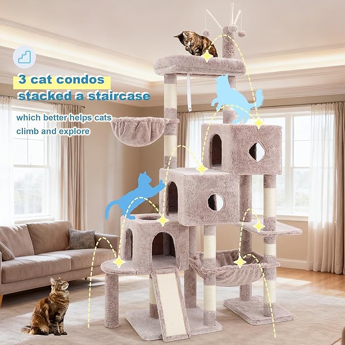 Hey-brother Cat Tree Tower, Scratching Posts with 3 Condos, Large Basket, Cozy Bed, Sisal Board, Step-by-Step Climbing Pathway and Toys, 74.8 inches Furniture for Big Indoor Cats, Muchroom MPJ081MU