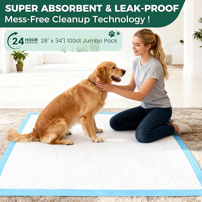 100 Count Dog Pee Pads Extra Large 28"x34", Super Absorbent X-Large 100 Pack Puppy Pads Leak-Proof & Quick-Dry Disposable XL Potty Pee Pads for Dogs, Puppies, Doggy