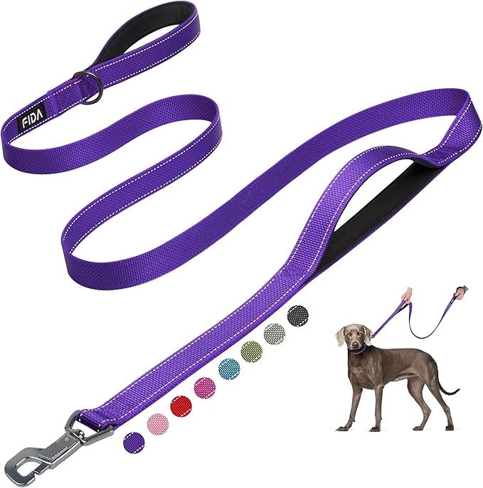 Fida 6 FT Heavy Duty Dog Leash with 2 Comfortable Padded Handles, Traffic Handle & Advanced Easy Snap Hook, Reflective Walking Lead for Large, Medium & Small Breed Dogs, Purple