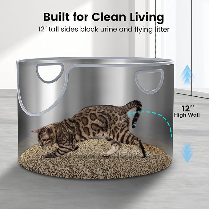 Stainless Steel Litter Box, Metal Litter Box, Integrated Round, XL 12'' High Side, Odor Control, Easy to Clean, Durable, Includes Scoop for Big Cats & Multi-Cat Households