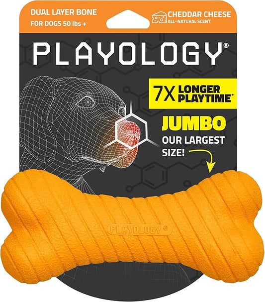 Playology Dog Toys | Dual Layer Bone Durable Chew Toy Bone for Dogs | Jumbo Cheddar Cheese Scented Toy - Easy to Clean and Made from Non Toxic Materials