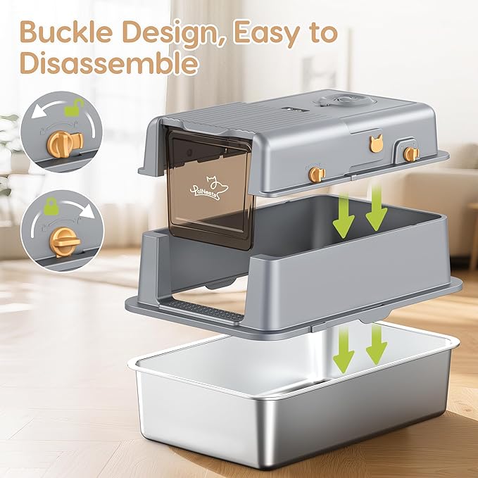 L7 Ultra-Stainless Steel Litter Box with Smart Odor Control System, XXL Extra Large Enclosed Metal Cat Litter Box with Lid for Kitty&Big Cats, High Sided Enclosure with Scoop & Mat, Anti-Leakage-Grey