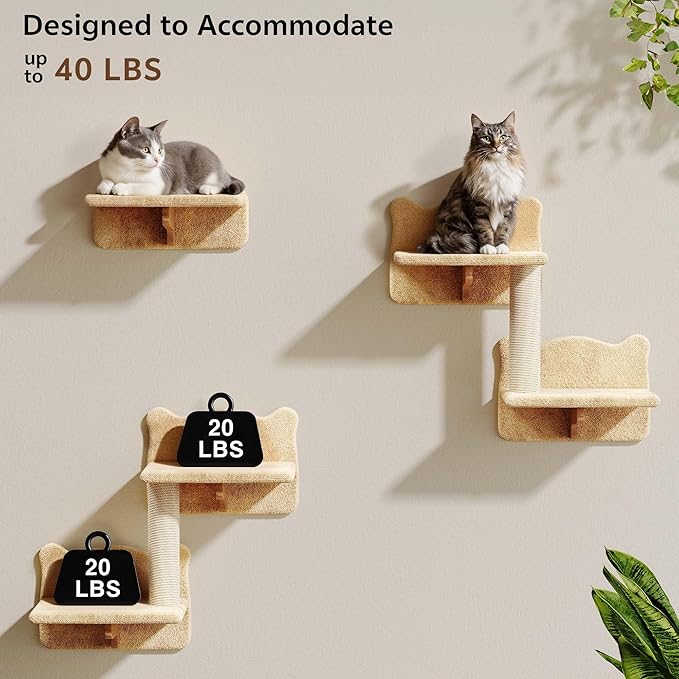 20-in-1 Cat Wall Shelves, Wall Mounted Pet Furniture w/Plush Fabric, Cat Climbing Wall System, 63'' Cats Tower w/Scratching Posts, Cats Shelf with 40''L Tunnel, Condos, House, Step and Ladder