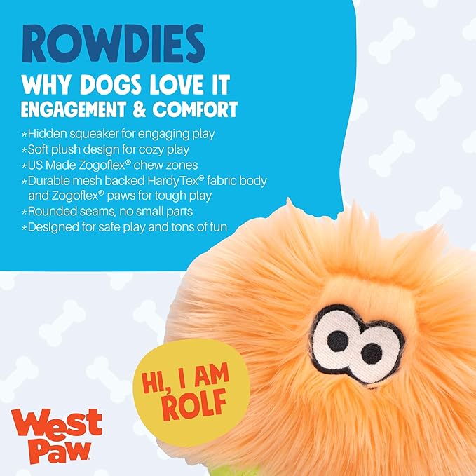 WEST PAW Rowdies Rolf Durable Plush Dog Toy with HardyTex Reinforced Seams Engaging Squeaker with Soft Cuddly Exterior Hand Sewn and Finished in Bozeman Montana for Dogs - Melon