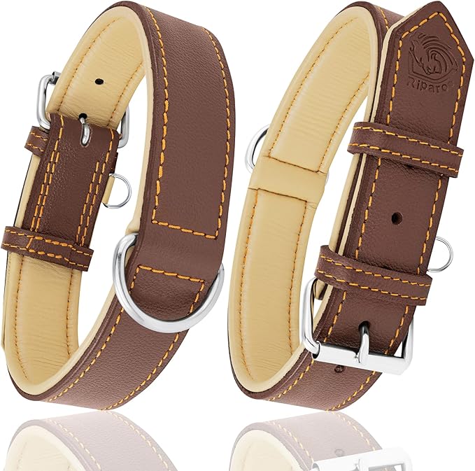 Riparo Brown Leather Dog Collar - Heavy Duty Wide Dog Collar for Small, Medium, Large and Extra Large Dogs with Dog Tag Holder (XL: 1.75" Wide for 21”-25” Neck, Brown)