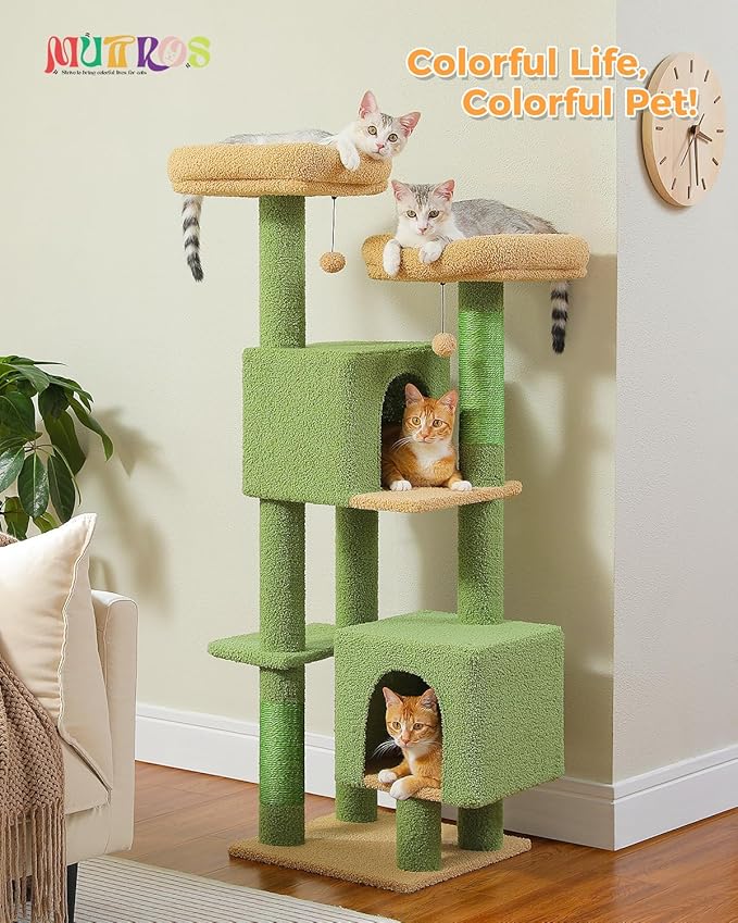 Cactus Cat Tree, 52.4" Cat Tower for Indoor Cats, Cute Cat Tree with 2 Padded Perches, 2 Condos & 2 Scratching Posts, Green