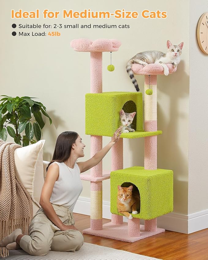 Flower Cat Tree, 52.4" Cute Cat Tower for Indoor Cats with 2 Flower Padded Perches, 2 Condos & 2 Scratching Posts, Pink