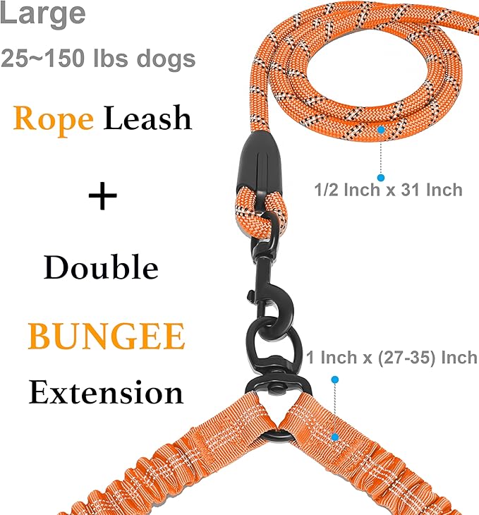 iYoShop Dual Dog Leash - 360° Swivel, No Tangle Walking Leash with Shock Absorbing Bungee for Two Dogs (Large, 25-150 lbs, Orange)