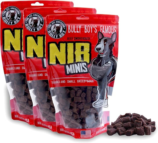 Bully Boy's Famous Mini Beef Training Nibs Dog Treats | Free from Wheat, Corn, Soy, or Gluten | USA Sourced Ingredients | with Smokehouse Beef | Made in Utah | 15 oz - 3 Pack