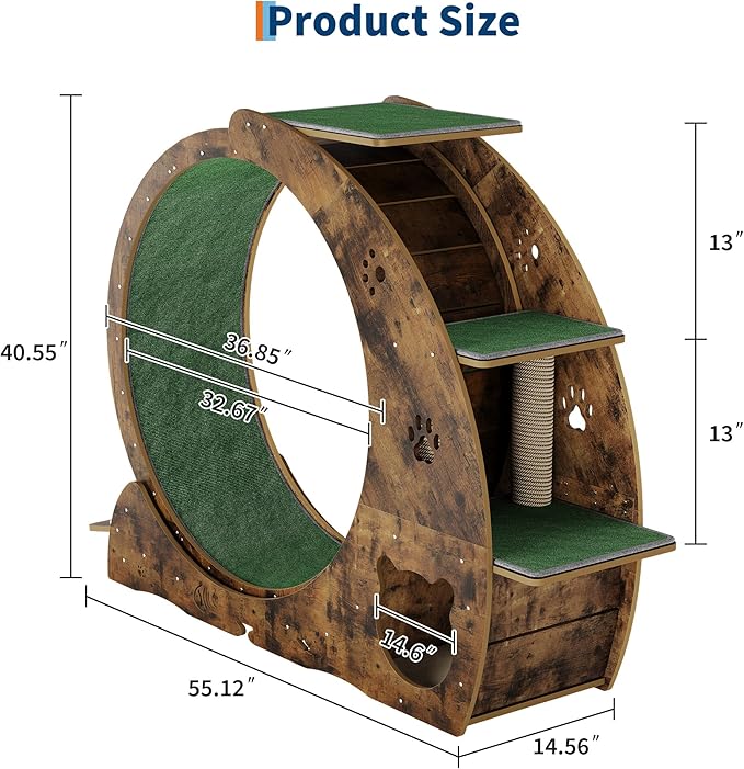 4-in-1 Cat Wheels for Indoor Cats, 40 Inch Large Cat Exercise Wheel, Running Treadmill Wheel with Carpeted Runway, Scratcher
