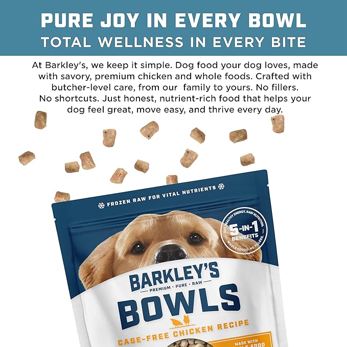 Barkley’s Bowls, Frozen Raw Chicken Dog Food, Fresh Whole Food Ingredients with Cage-Free Chicken, Grain Free, High Protein for Balanced Nutrition, Frozen Meals with Human Grade Ingredients, 4 lb Bag
