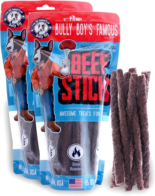 Bully Boy's Famous Beef Sticks Dog Treats | Free from Wheat, Corn, Soy, or Gluten | USA Sourced Ingredients | with Smokehouse Beef | Made in Utah | 15 oz - 2 Pack