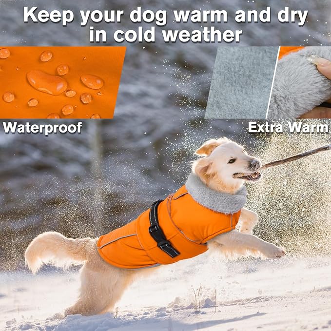 Lelepet Dog Coat Waterproof Dog Jacket Reflective Fleece Vest with Adjustable Buckle & Leash Hole Windproof Cold Weather Coats for Small Medium Large Dogs, Warm Hunting Vest, Orange, L