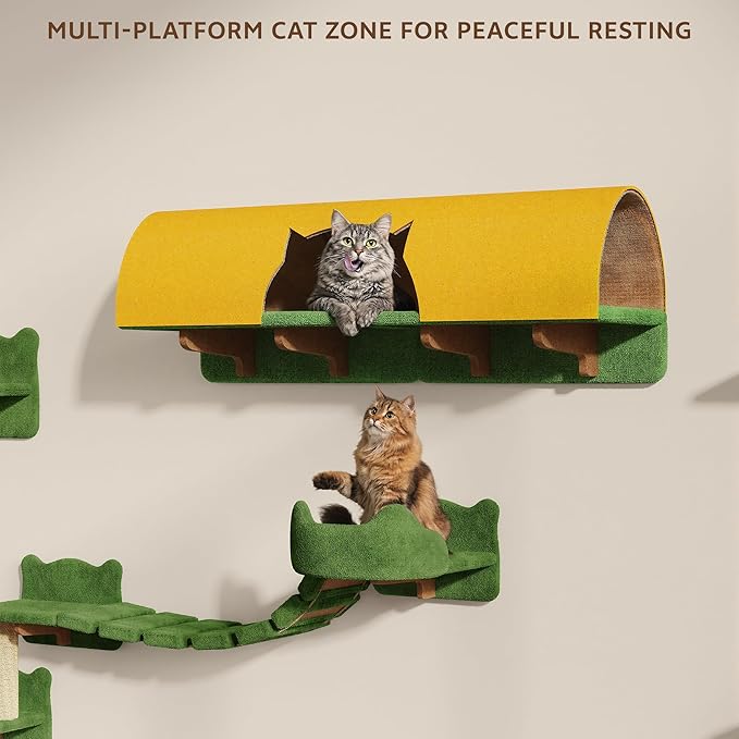 16-in-1 Cat Wall Shelves, Wall Mounted Cats Furniture Set w/Plush Fabric, Cat Climbing Systems, Cats Shelf with 40''L Tunnel, Condos, House, Steps, Bridge Ladder & Scratching Post, Green